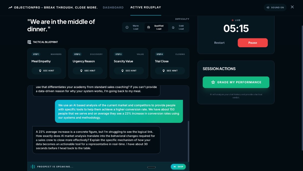 ObjectionPro active roleplay session with tactical blueprint and AI prospect conversation